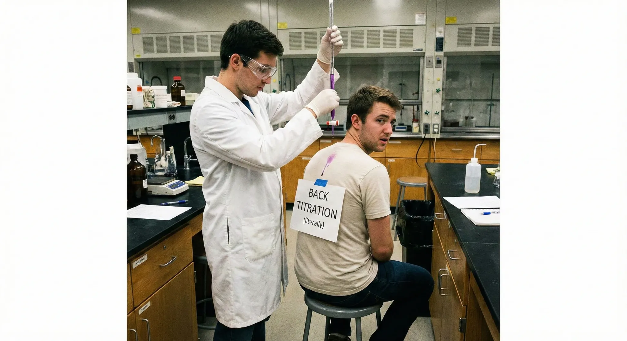 A literal visual joke showing a back titration in a chemistry laboratory